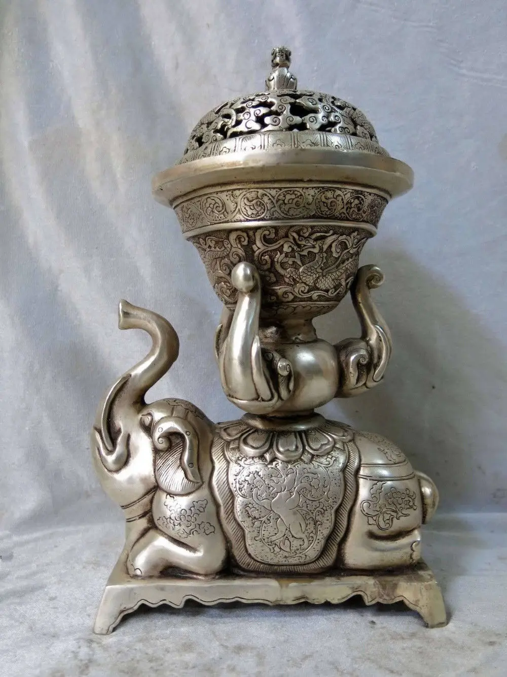 

China Silver Buddhism Elephant Dragon Foo Dog Lion Incense burner Censer