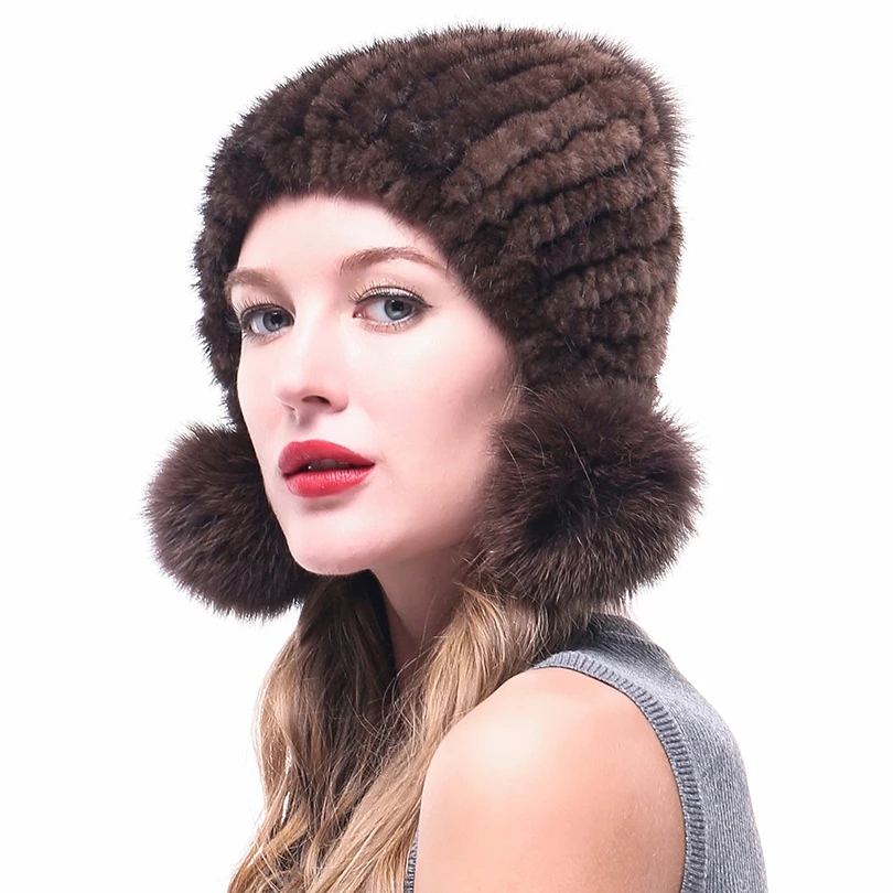 LINLAIXUEDA Women Dark Brown Mink Fur Hat With Pom Winter Caps Fluffy