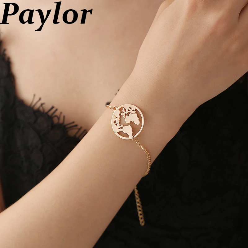 

Paylor Hight Quality World Map Charm Bracelets for Women Simple Adjustable Gold Silver Vintage Jewelry Earth Day Gifts