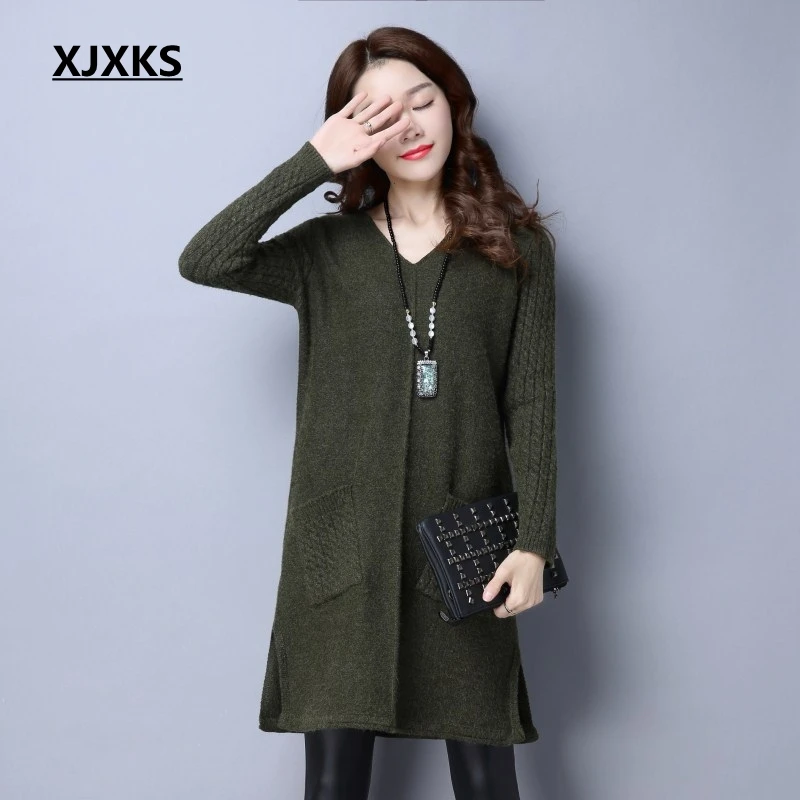 

XJXKS cashmere and wool knitting pullover long sweaters women invierno 2018 new selling v-neck fashion womens sweater dress