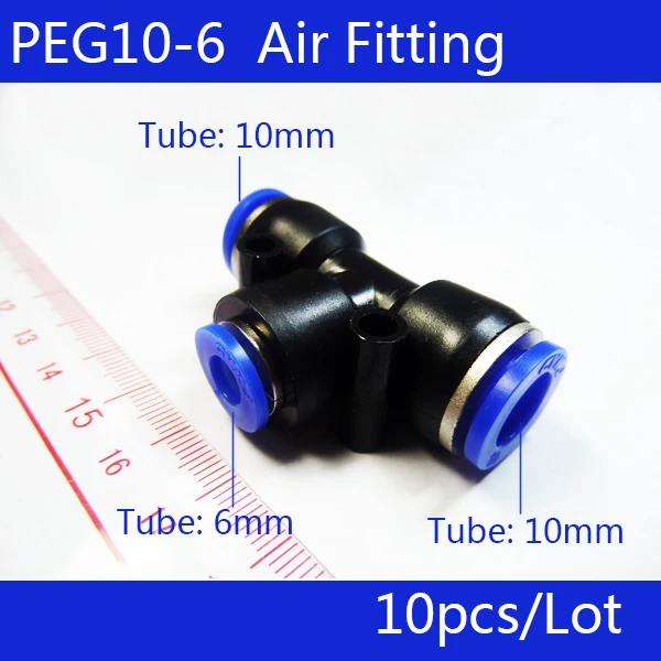 

Free shipping 10pcs PEG 10MM - 6MM Pneumatic Unequal Union Tee Quick Fitting Connector Reducing Coupler PEG10-6