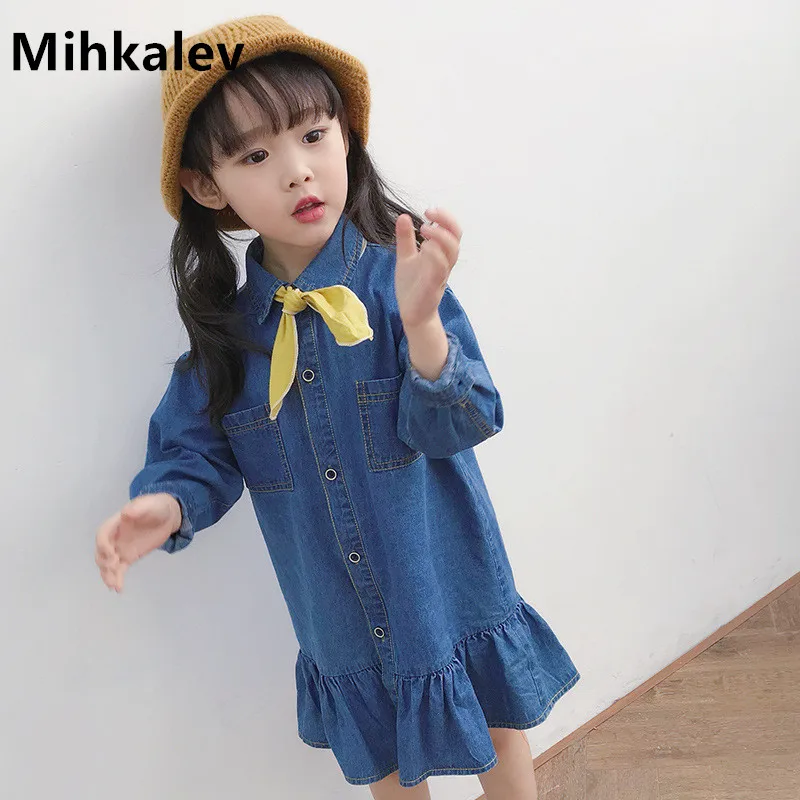 

Mihkalev 2018 autumn girl dress long sleeve children clothing outfits 2-8years cute baby girls denim princess dresses costume
