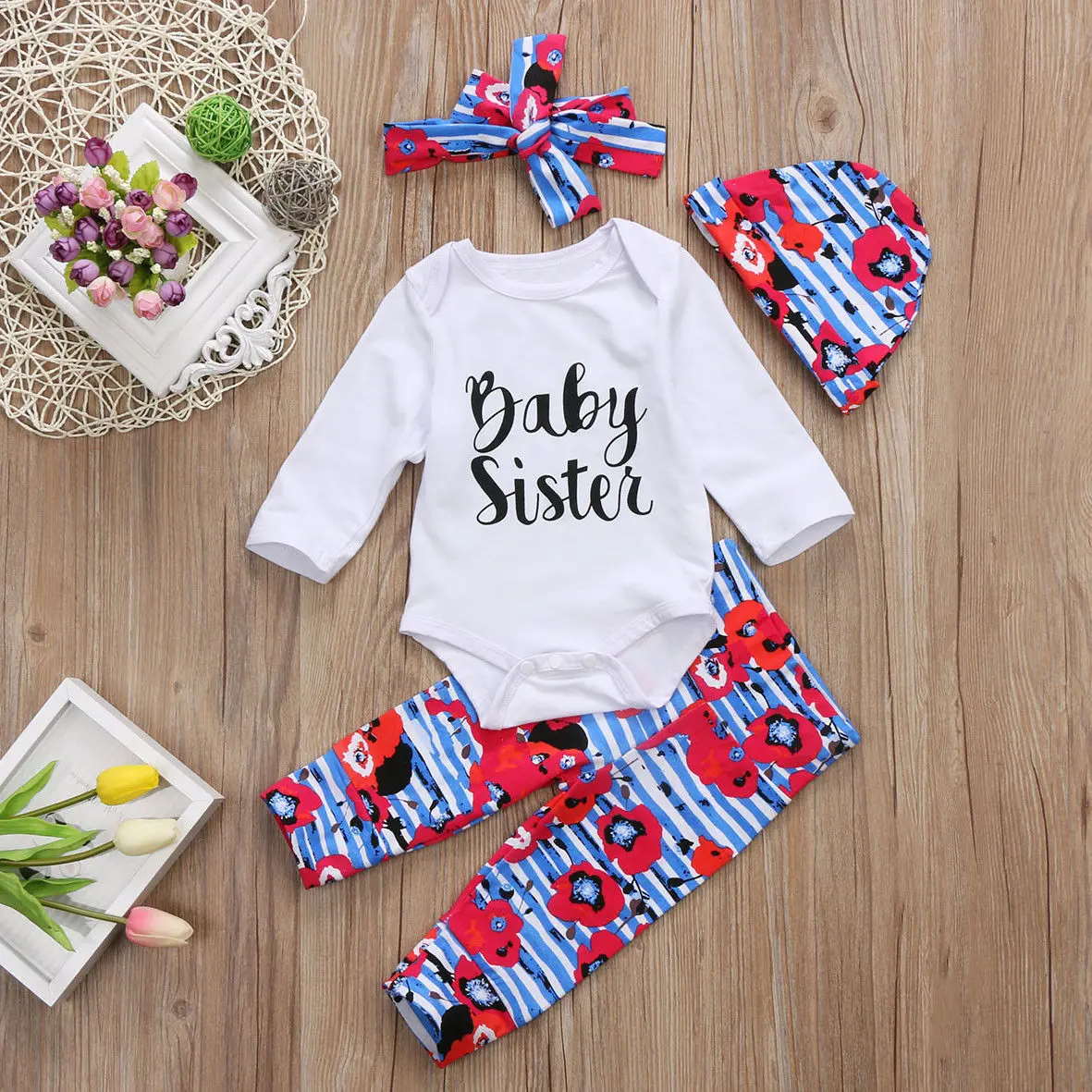 4PCS Baby Sister Cloths Set Newborn Baby Girls Top Romper Long Pants