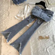 Новые летние узкие женские джинсы Microbell расклешенные брюки с МЕХОВОЙ окантовкой корейские женские джинсовые брюки с дырками