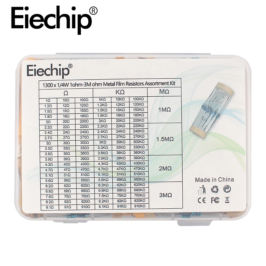 1300pcs/box 1ohm 3m Ohm Metal Film Resistor Set 1/4w 1 Electronic Resistors Assortment Kit