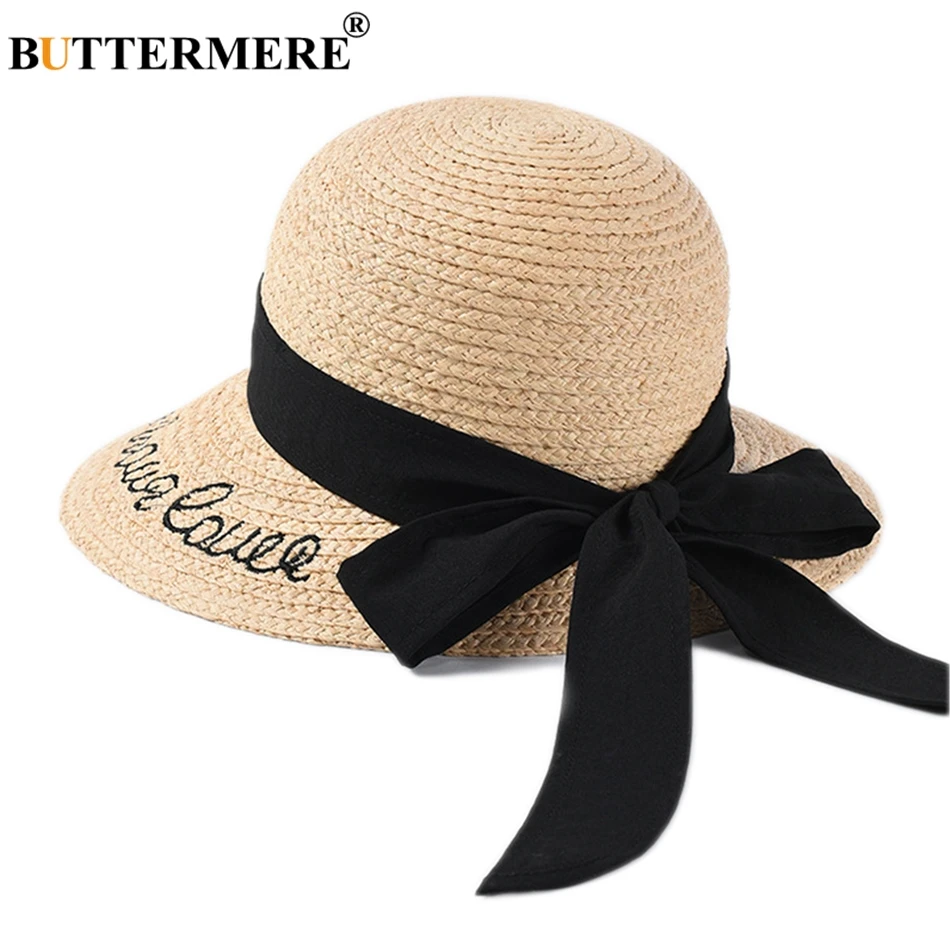

BUTTERMERE Raffia Straw Hats Women Beige Embroidery Letter Sun Caps Ladies Wide Brim 10cm Fashion Bowknot Ladies Summer UV Hat