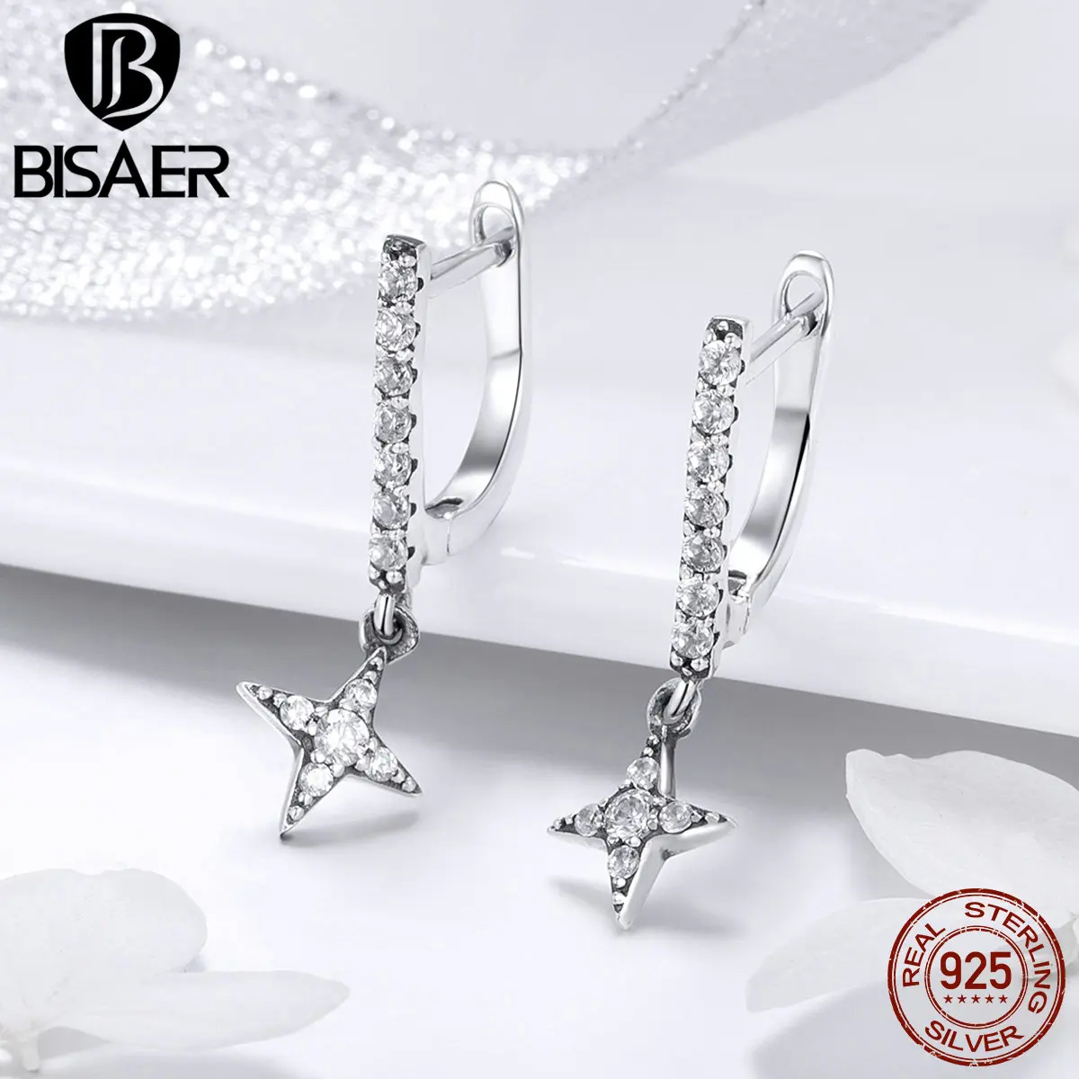

BISAER 100% Pure 925 Sterling Silver CZTwinkling night Drop Earrings for Women Dangle Earrings Brincos Fashion Jewelry HSE446
