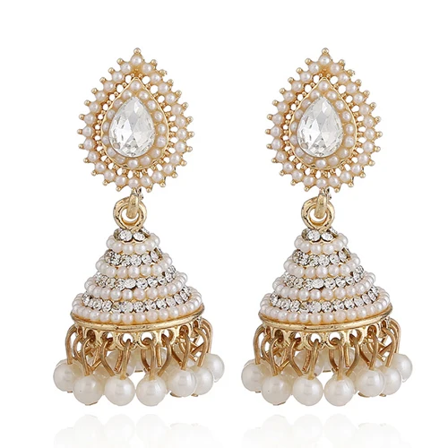 Модные индийские серьги-подвески Jhumka Jhumki с искусственным жемчугом, женские длинные золотые свадебные вечерние ювелирные изделия, подарки - Окраска металла: Золотой цвет