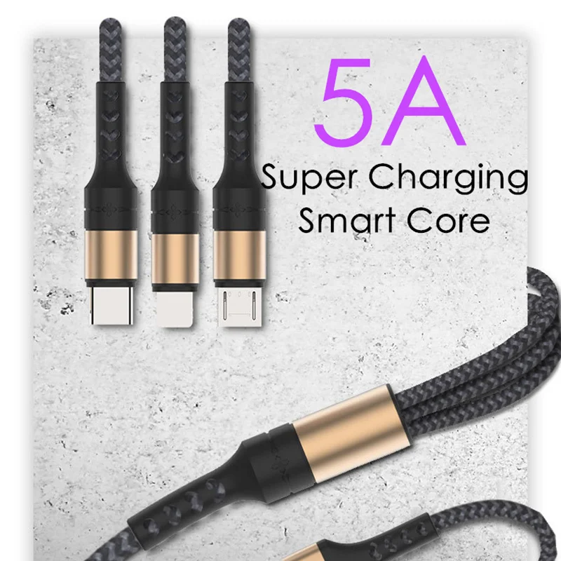 5A USB Cable 3 in 1 Fast Charging Fabric Braide Type C Micro USB Charger Cable Black Gold Wire Cord for Huawei Mate 20 P20 Pro