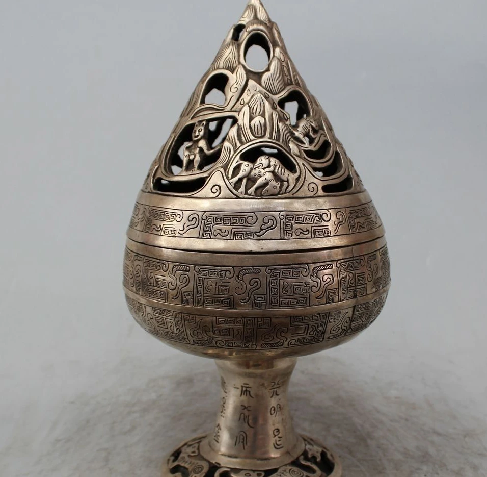 13" Marked Chinese Silver Flame Mountain peak Beast Incense Burner