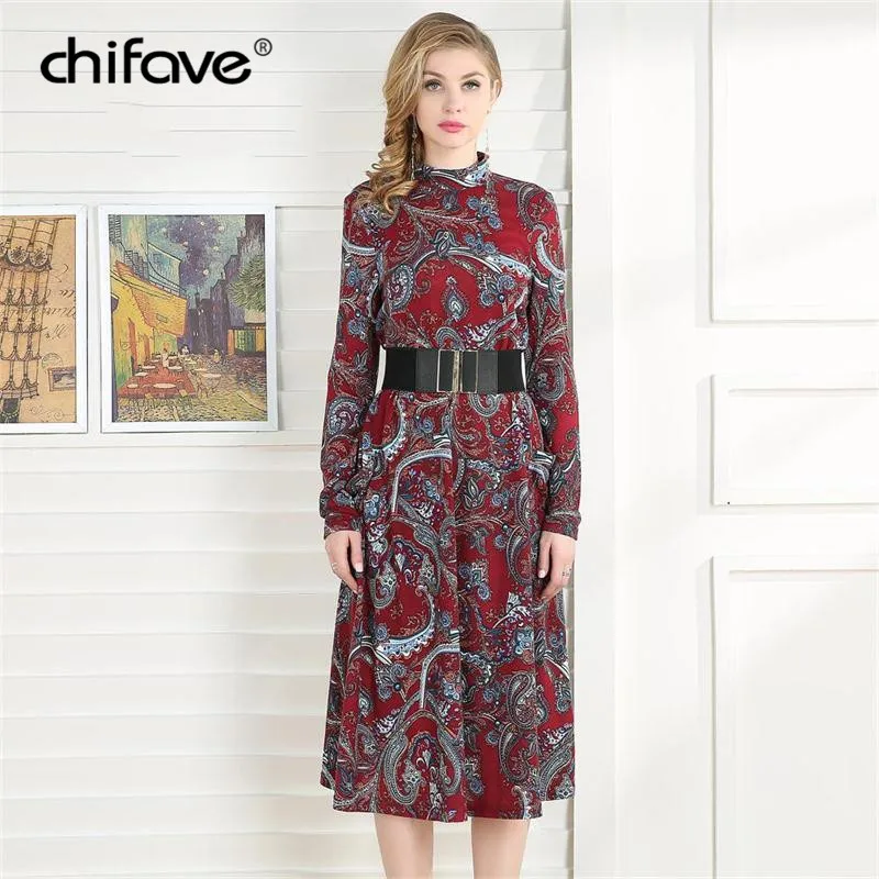 

2018 Vintage Dress Women Casual Turtleneck Long Sleeve Floral Print Dresses Ladies Elegent Long Party Dress Plus Size chifave