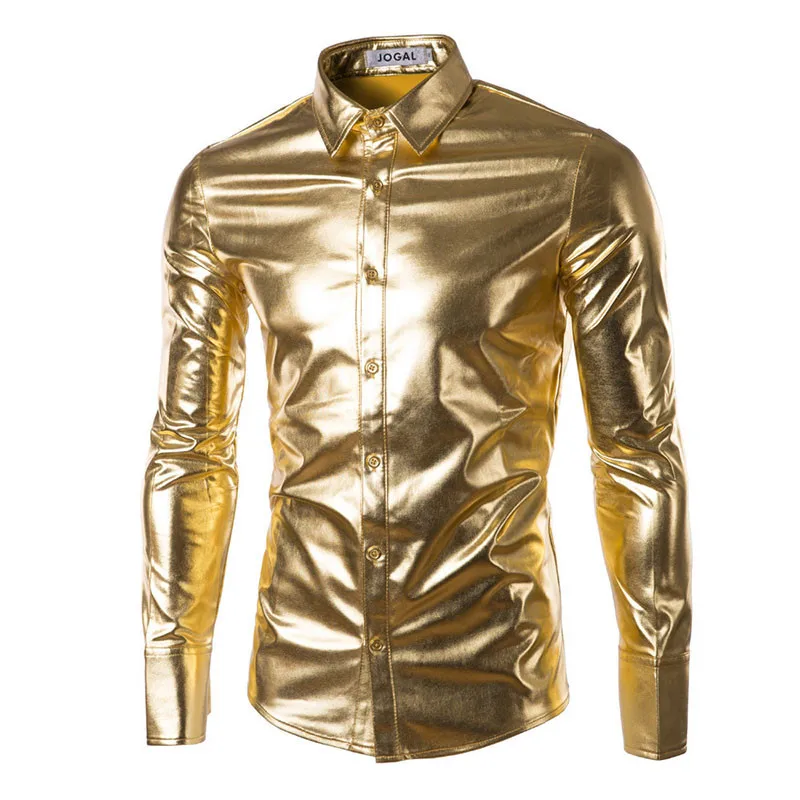 Новые мужские модные ночной клуб покрытием металлик Хэллоуин цвета: золотистый, серебристый и пуговицы Подпушка Рубашки для мальчиков