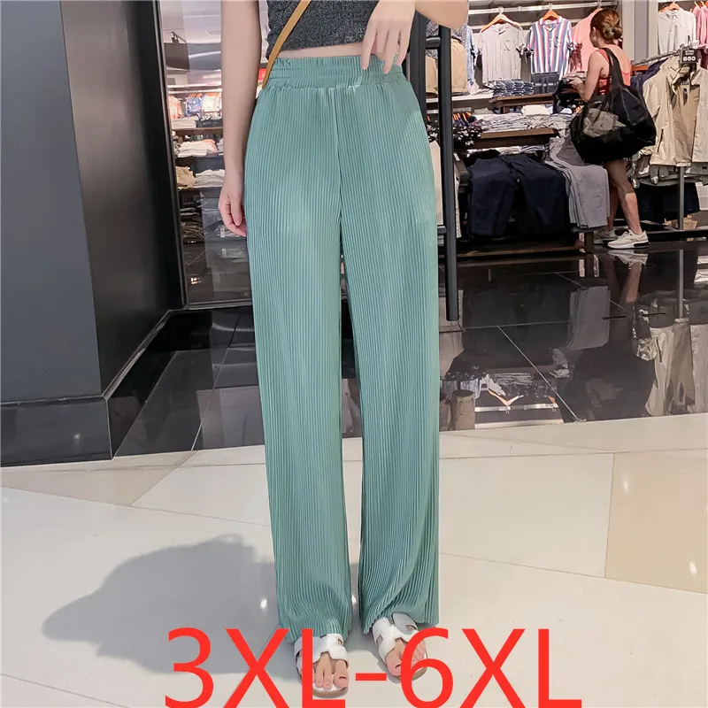 

2019 new summer women plus size thin pleated wide leg loose casual elastic waist straight long pants large green 3XL 4XL 5XL 6XL