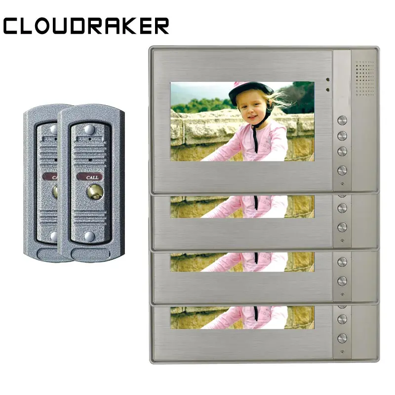 

CLOUDRAKER 7'' Video Doorbell Intercom System 4x Metal Outlook Monitor with 2x Wired PI Door Phone Camera Video Intercom