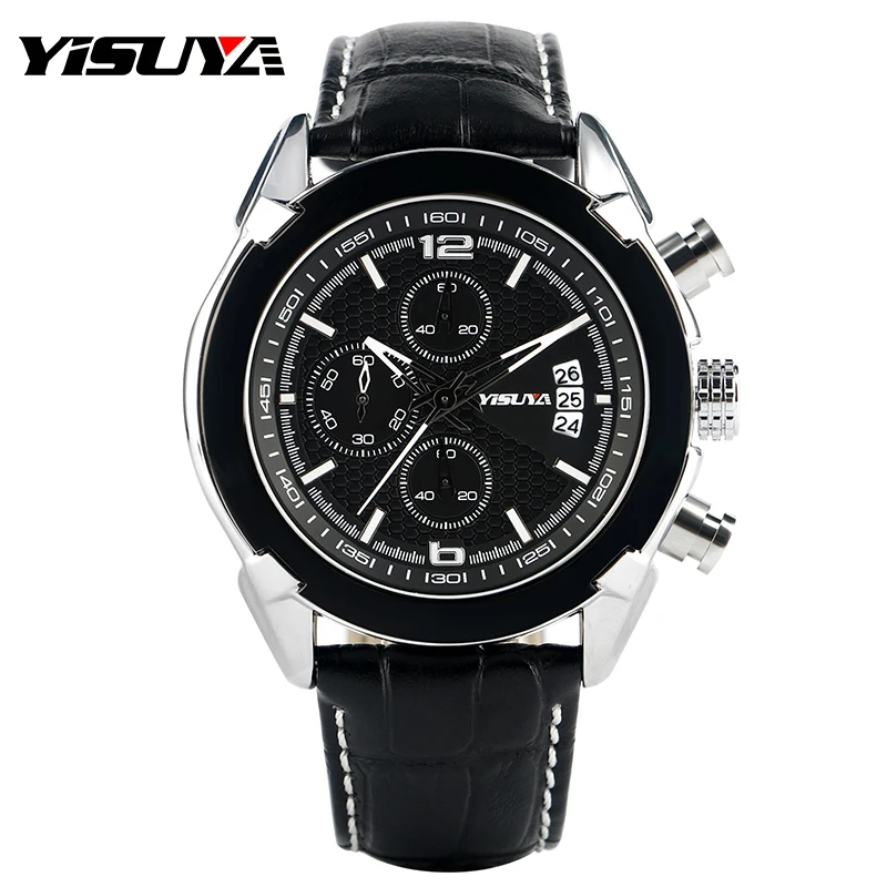 

YISUYA Luxury Date Daily Water Resistant Cool Chronograph Genuine Leather Band Quartz Analog Business Men Wrist Watch