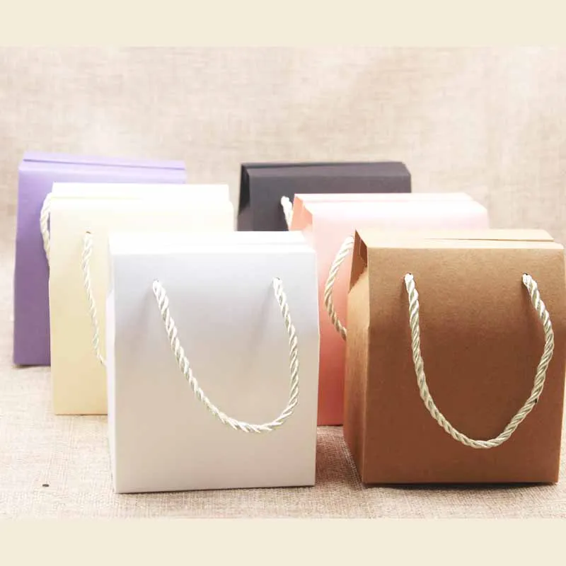 

1lot=5pcs ivory gift Paper Bag with handle pink handle wedding Packing Boxes lilac Gift Box with handle kraft nuts package box
