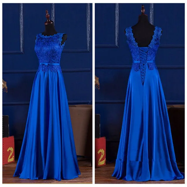 royal blue evening dress long backless scoop lace prom party gowns