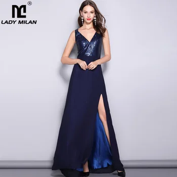 

Lady Milan Women's Runway Designer Dresses Sexy V Neck Sleeveless Sequined Bodice Split Party Prom Fashion Long Dresses