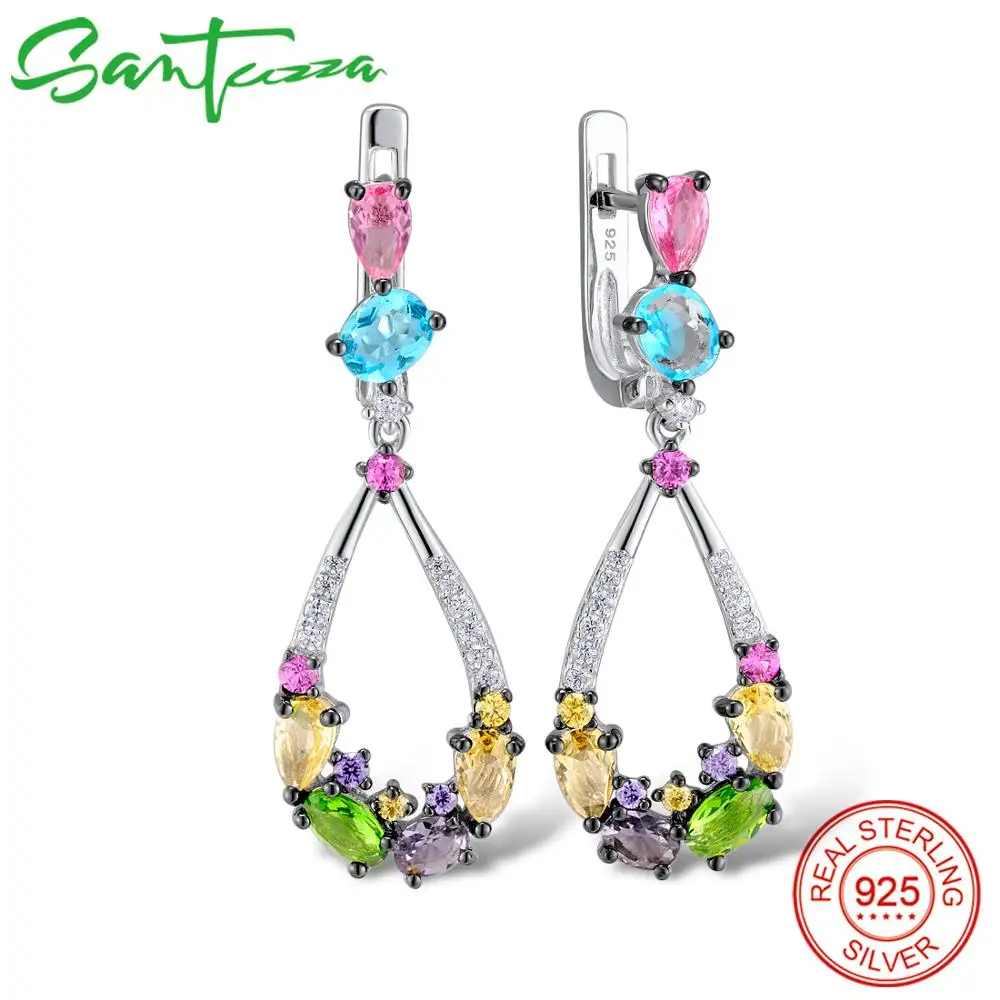 

SANTUZZA Silver Earrings For Women 925 Sterling Silver Dangle Earrings Long Silver 925 Colorful Stones brincos Fashion Jewelry
