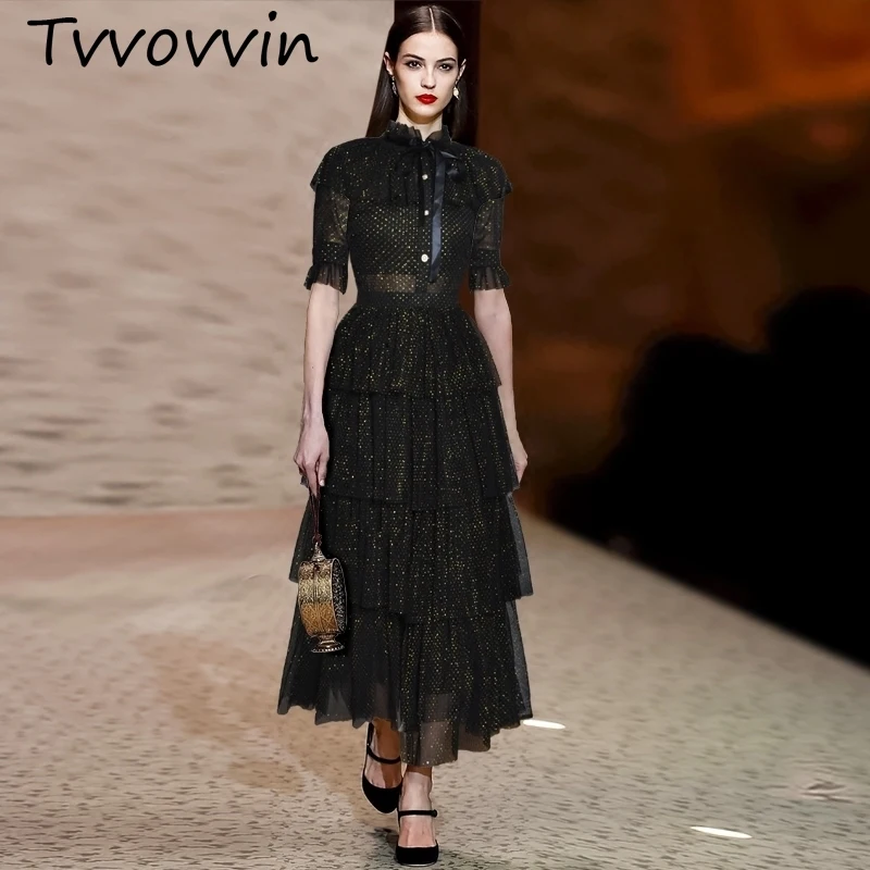 

2019 Runway short sleeved cloak lace gauze cake Princess temperament dress new summer long beach summer dress party elegant V750