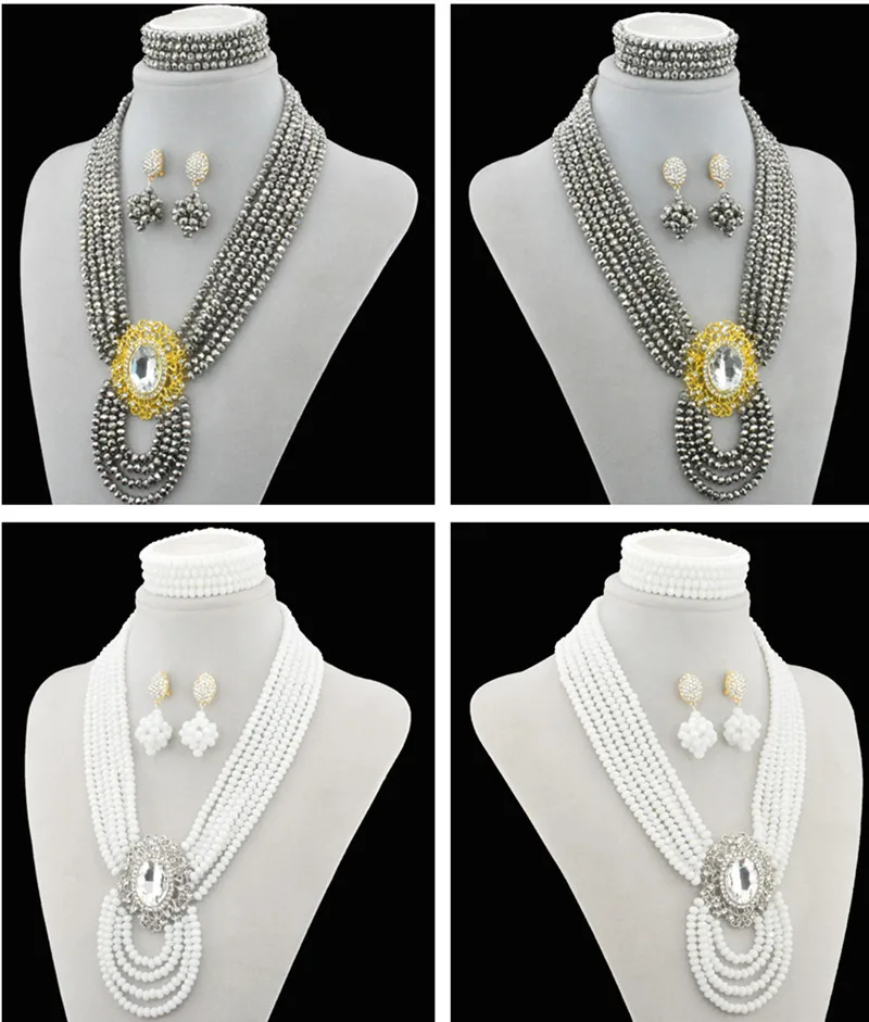 

Fashion African beads jewelry set Silver White crystal beads bride jewelry nigerian wedding african beads jewelry Set