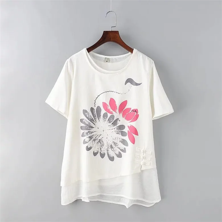 

Plus size white & light green linen women summer T shirts 2018 O-Neck ladies tshirt Ink print short sleeve t-shirts female 4XL