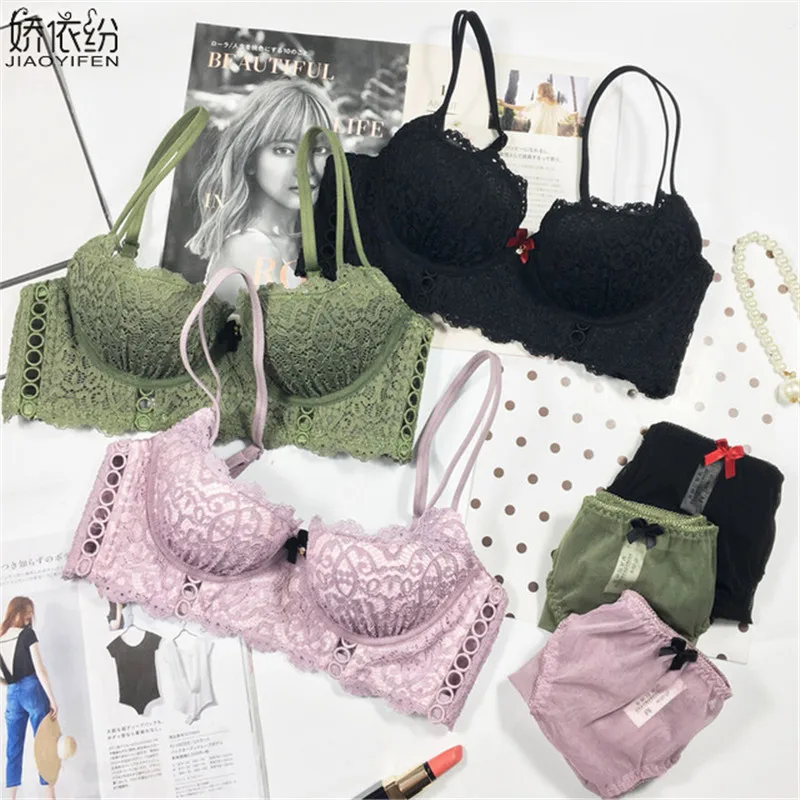 

Sexy Lace 1/2 Cup Bra Set Thin Section Push Up Brassiere High Quality Embroidery Women Underwear Hollow Small Chest Brassiere