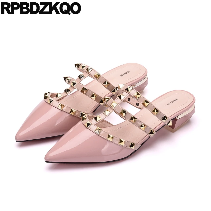 

Leather Women Mules Summer 2018 Pink Runway Studded Plain Shoes Slippers Slides Rivet Pointed Toe Sandals Big Size Chunky Plus