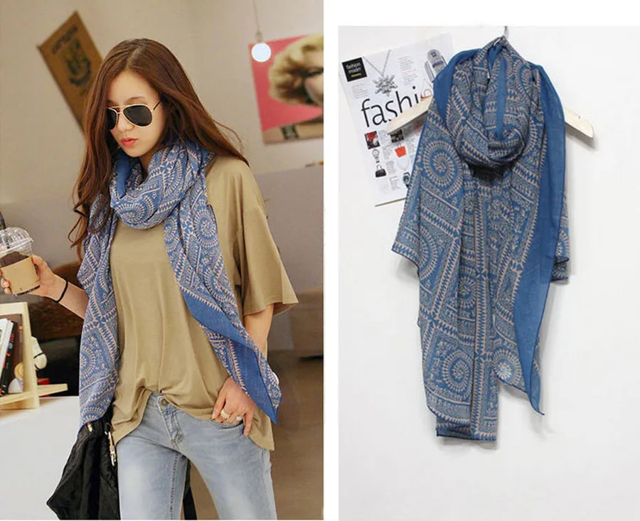 2 High quality Sexy Women Scarf Shawl Blue White Porcelain Style Thin the Silk Floss Striped Print Dot Scarfs Wrap Shawls Scarves Bandana Hijab Foulard Femme Cachecol Bufandas Amice Tippet Mantelet