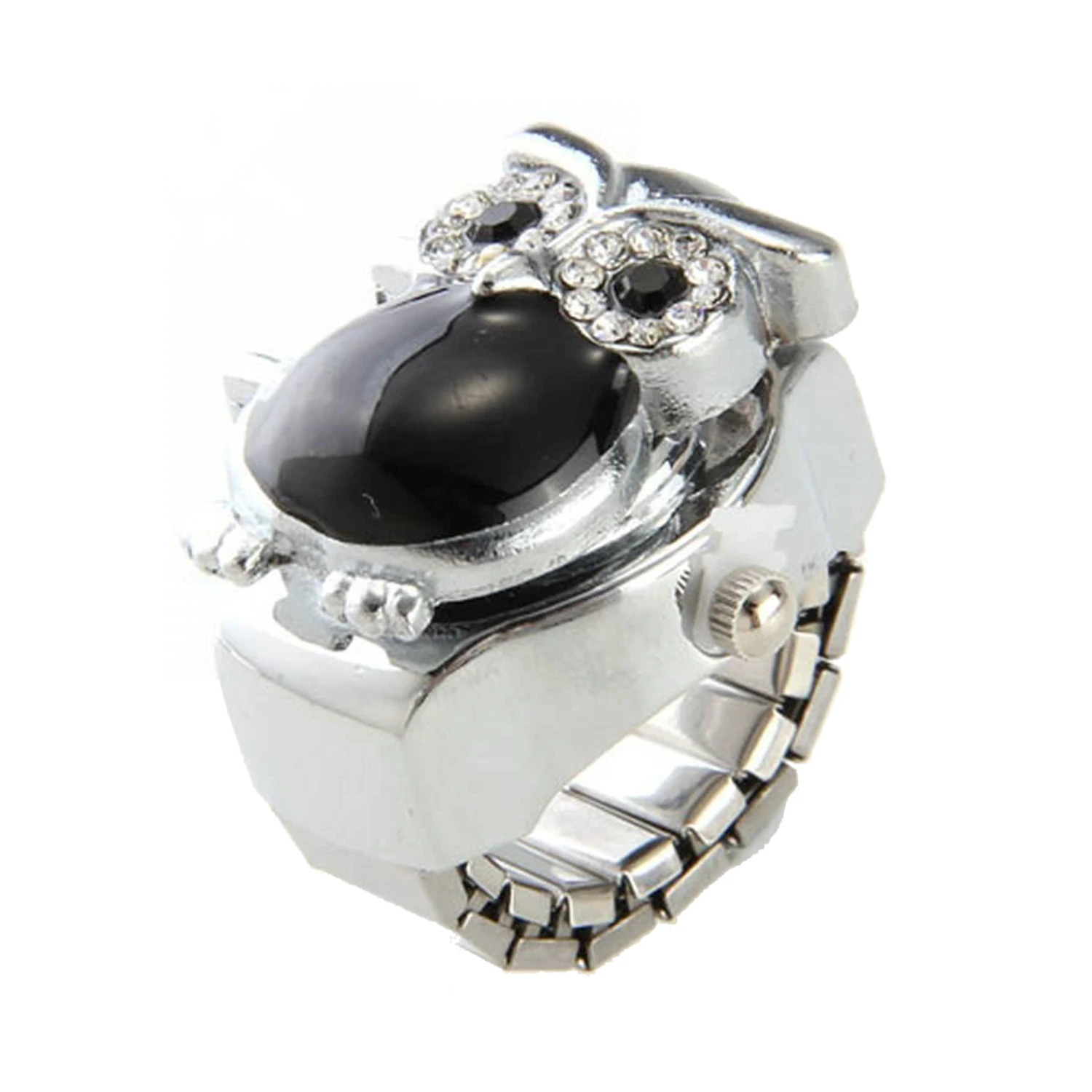 25x20mm Owl Ring Clock Finger Watch Finger Clock Watch Ring Metal Strass Black TOPin Hooks