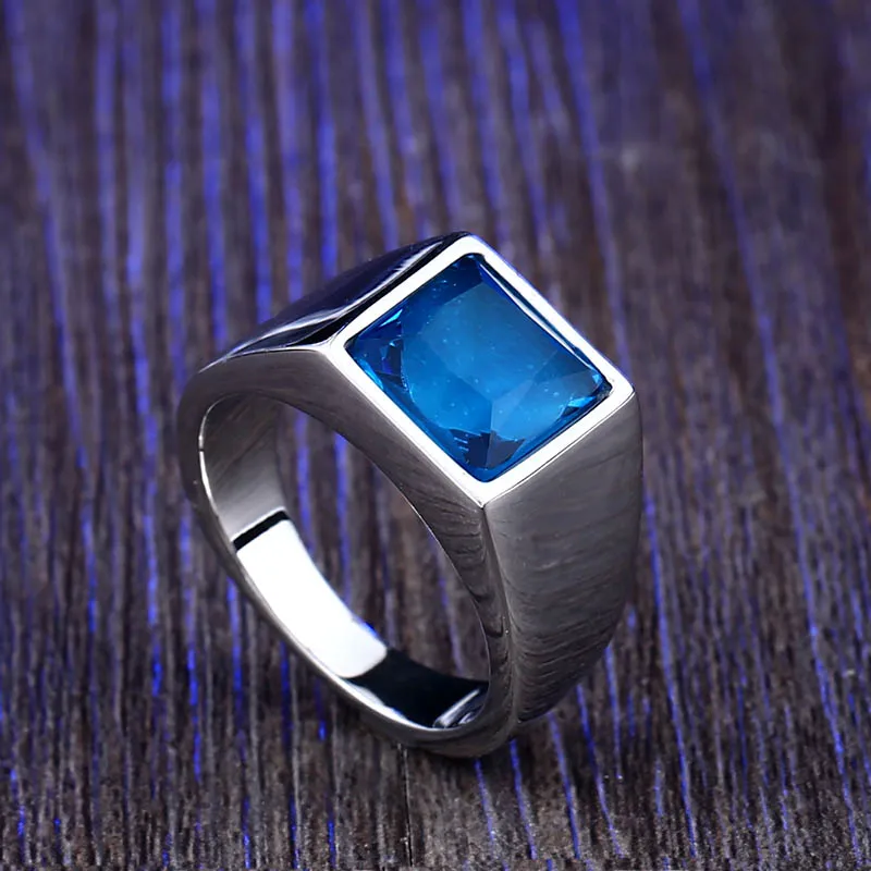 Стальное солдатское титановое кольцо для мужчин, голубой зеленый квадратный камень 316L, нержавеющая сталь, модное полированное кольцо для мальчика - Main Stone Color: blue stone