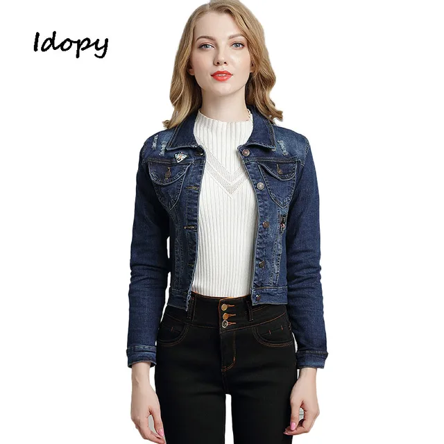 Idopy Classic Women's Denim Jacket Skinny Fit Stretch Ripped Jean ...