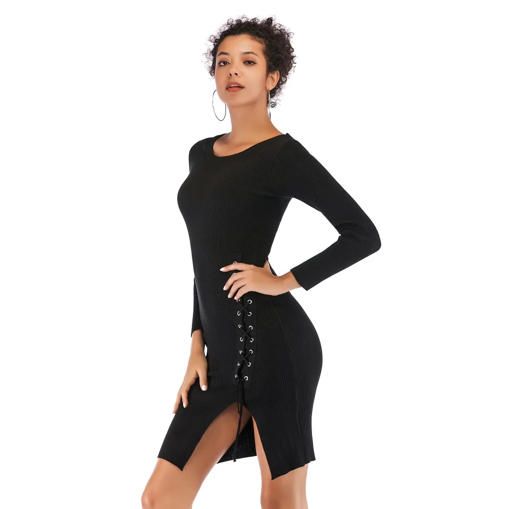 Women Midi Sweater Dress Spring and Autumn 2019 New Round Neck Long Sleeve Pencil Dress Knitted Women Split Sexy Black Dress