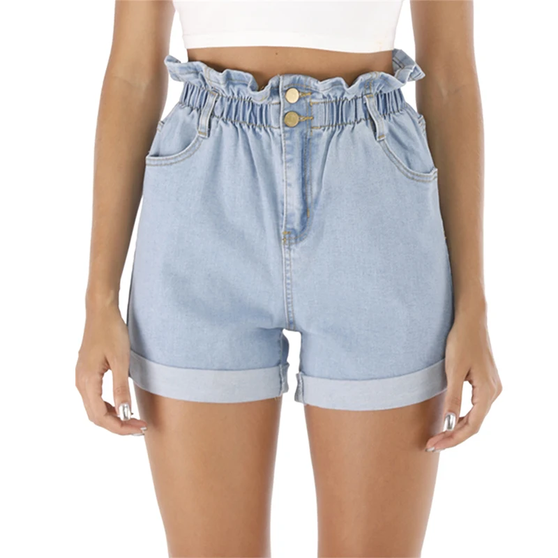

2019 Summer High Waist Denim Shorts Roll Up Hem Elastic Waist Pocket Jean Shorts For Girls