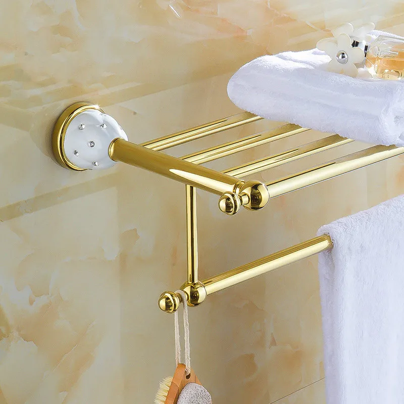 Luxury Golden Towel Bar Solid Brass Towel Holder Antique Bath Shelves