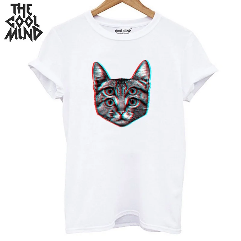 COOLMIND, хлопок, крутая женская футболка с принтом кота, повседневная Летняя женская футболка, женская футболка с круглым вырезом, свободные футболки