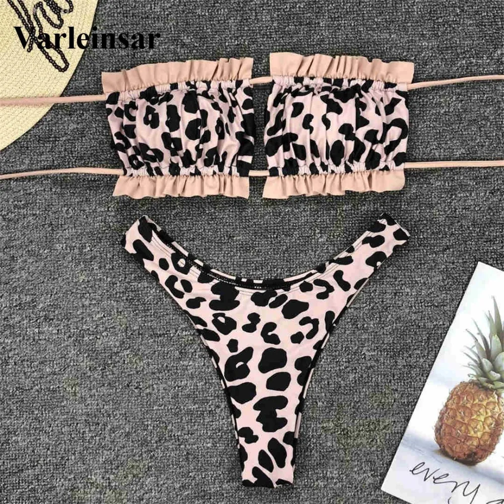 

2019 Leopard Bikini Bandeau Swimsuit Female Women Swimwear Two-pieces Bikini set Brazilian Bather Ruffled Bathing Suit V1444