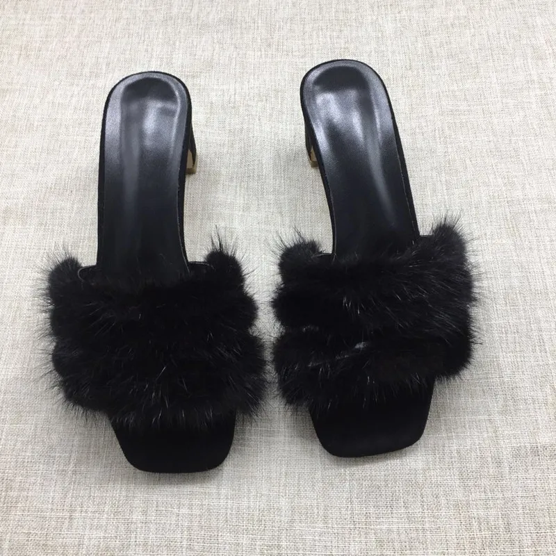 

2018 Hot New Woman Slipper Open Toe Med Heel Fur Decor Shoes Woman Chic Roman Stylish Shoes Slides Brand Summer Sapato Feminino