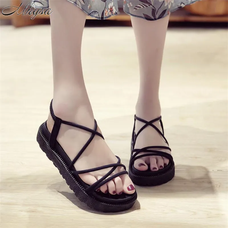 

Mhysa 2019 Summer new fashion women's sandals flat bottom comfortable open toe cross belt with solid color platform shoes L267