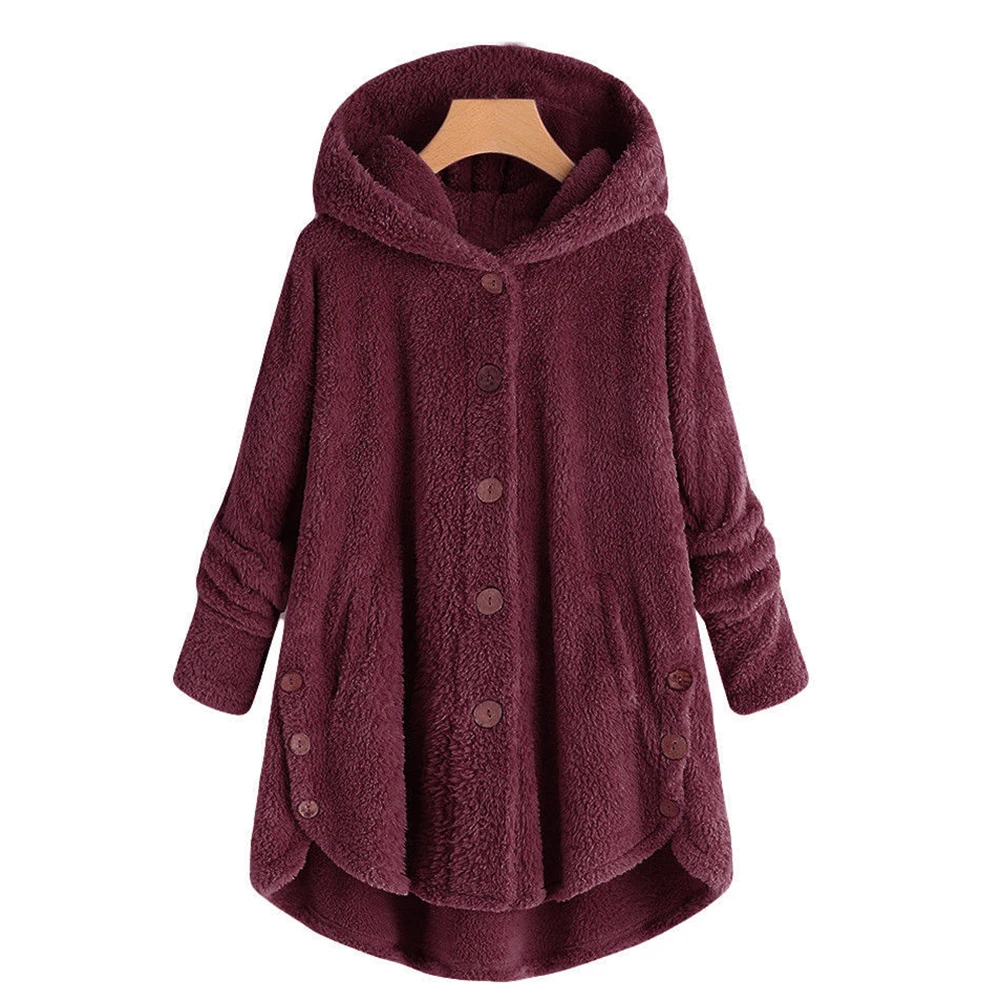 YJSFG, домашние женские куртки из искусственного меха, зимние теплые пушистые пальто, пальто, куртки на пуговицах, повседневные топы размера плюс, верхняя одежда, свободные пальто - Цвет: Бургундия