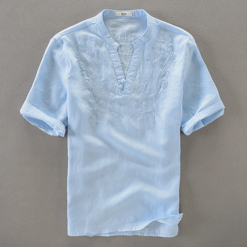 Embroidered linen shirts men short sleeve shirt mens casual stand