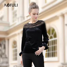 AOFULI бренд L-3xl 4xl 5xl Плюс Размер Женская бархатная футболка Топы Осень Зима длинный рукав Базовая черная Винтажная Футболка