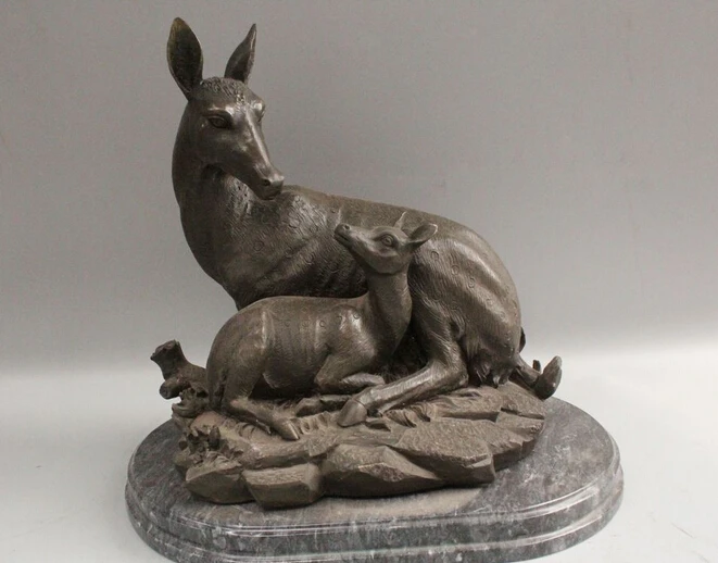

free 15"Lovely China Pure Bronze Fengshui Mother Son Deer Learn Jump Statue Sculpture fast
