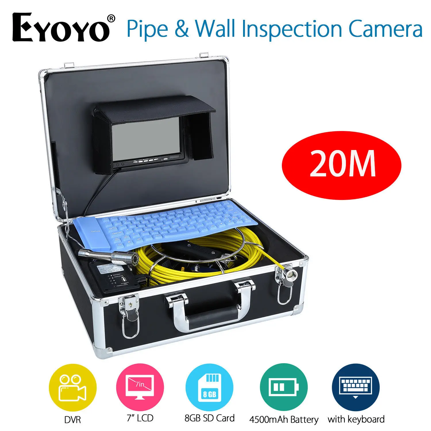 

EYOYO 7" LCD Screen 20M Sewer Drain Camera Pipeline&Wall Drain Inspection Endoscope With Keyboard DVR Recording 1000TVL 8GB