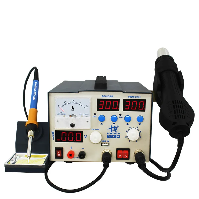 

HAIRUI 863D 3 in 1 Digital Hot Air Soldering Iron 2A USB Power Supply Rework Station for Mobile Repair