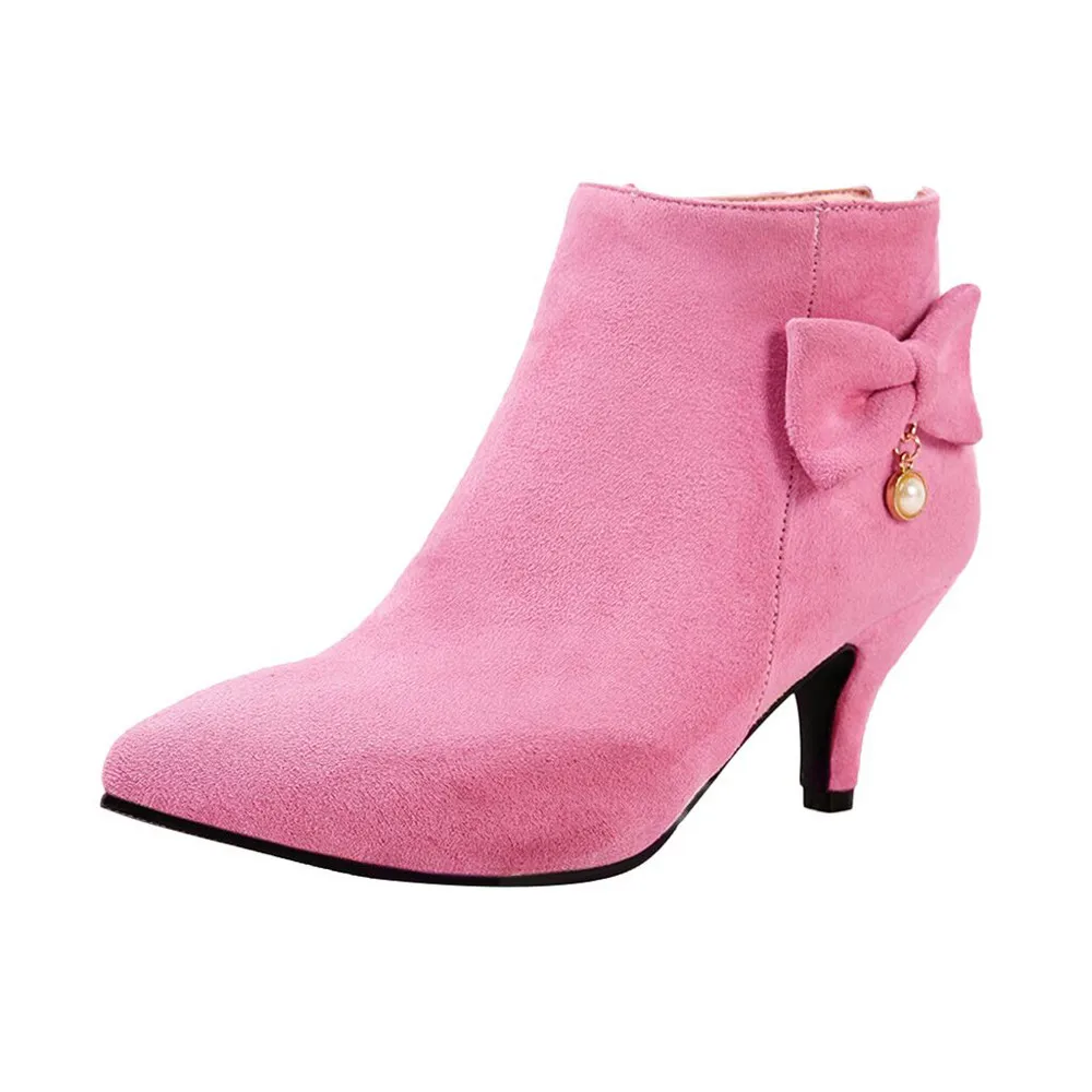 SAGACE/женские ботинки с острым носком; Ботильоны на каблуке с бантом; Ботильоны на молнии сзади; женская обувь; повседневные полуботинки; chaussures femme; - Цвет: Розовый