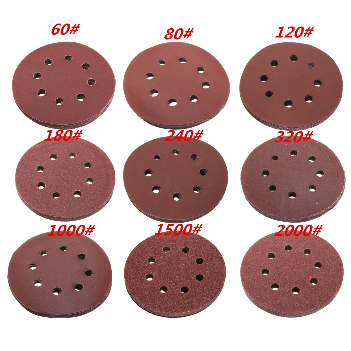 5 дюймов 125 мм 10 шт шлифовальных дисков 8 отверстий 60 #80 #100 #120 #180 #240 #320 #1000 # зернистый крюк и петля шлифовальные диски для очистки - изображение