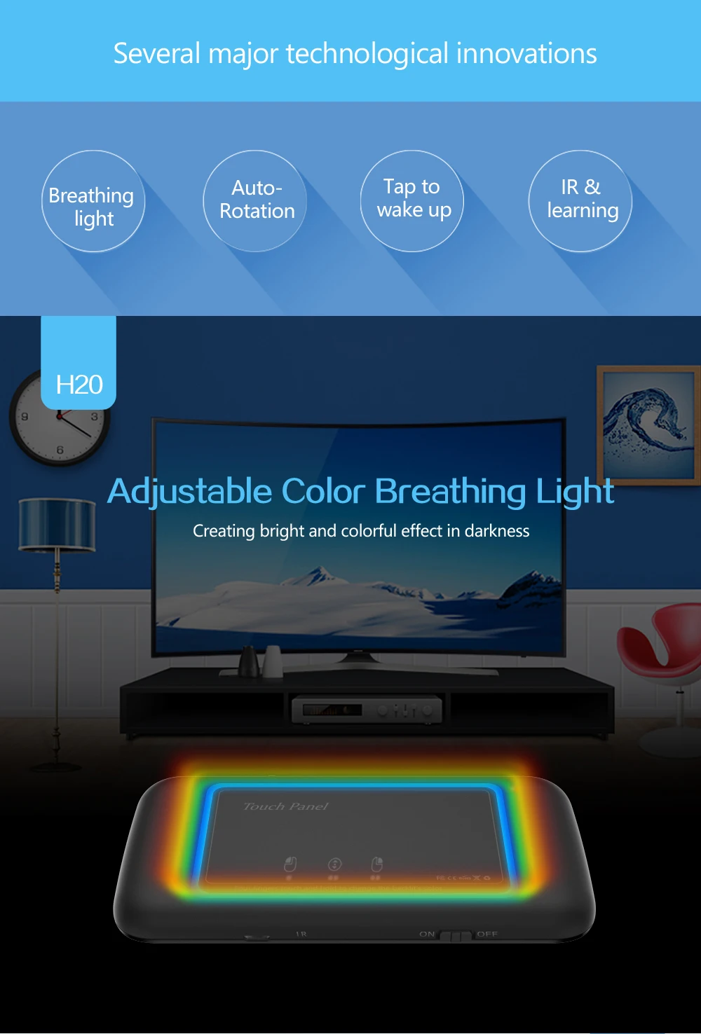 Мини-Клавиатура Универсальный пульт дистанционного управления 2,4G с подсветкой USB Air mouse с большой сенсорной панелью для Smart tv Box Мини-ПК samsung LG tv H20