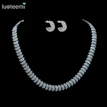 LUOTEEMI White Gold Color Women Luxury Zircon Bridal Tennis Choker Necklace Earring Jewelry Set for Wedding