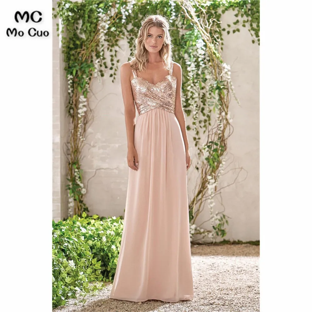 Elegant Rose Gold A Line Chiffon Bridemaid Dresses Long 2019 Spaghetti Straps Sequin Top Maid of Honor Gowns Prom Party Gowns